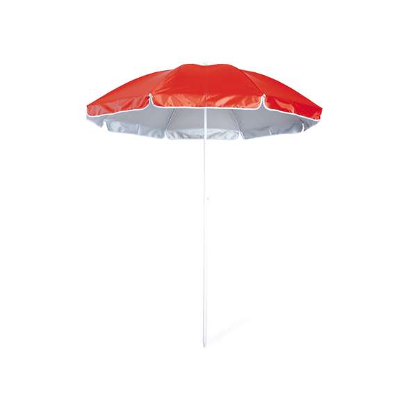 Sombrilla de playa de 8 paneles de resistente nylon e interior en color gris plateado con protección UV. En variada gama de vivos colores, de 150cm de diámetro, con faldones laterales ribeteados, tubos metalizados en color blanco y ajustable en altura. Presentada en funda de nylon con cinta de transporte para hombro.