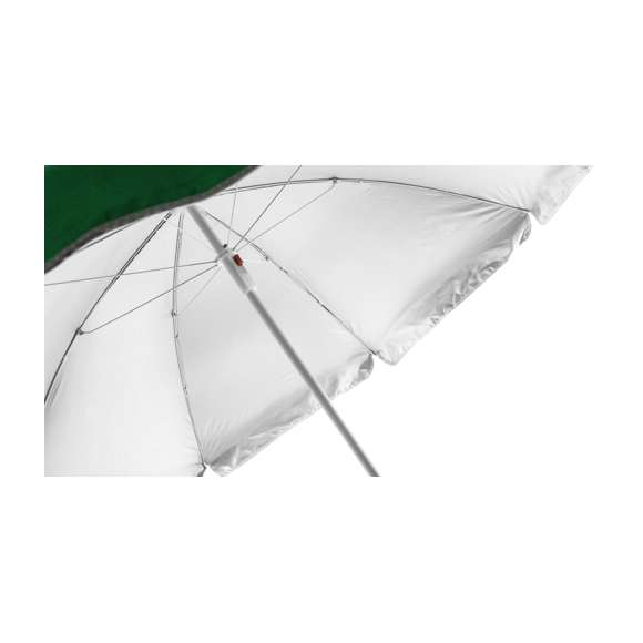 Sombrilla de playa de 8 paneles de resistente nylon e interior en color gris plateado con protección UV. En variada gama de vivos colores, de 150cm de diámetro, con faldones laterales ribeteados, tubos metalizados en color blanco y ajustable en altura. Presentada en funda de nylon con cinta de transporte para hombro.