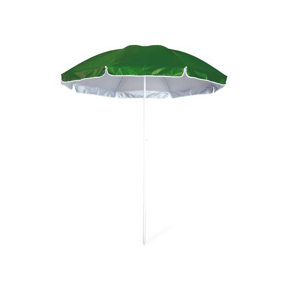 Sombrilla de playa de 8 paneles de resistente nylon e interior en color gris plateado con protección UV. En variada gama de vivos colores, de 150cm de diámetro, con faldones laterales ribeteados, tubos metalizados en color blanco y ajustable en altura. Presentada en funda de nylon con cinta de transporte para hombro.