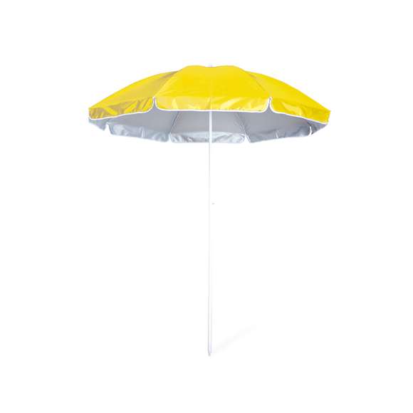Sombrilla de playa de 8 paneles de resistente nylon e interior en color gris plateado con protección UV. En variada gama de vivos colores, de 150cm de diámetro, con faldones laterales ribeteados, tubos metalizados en color blanco y ajustable en altura. Presentada en funda de nylon con cinta de transporte para hombro.