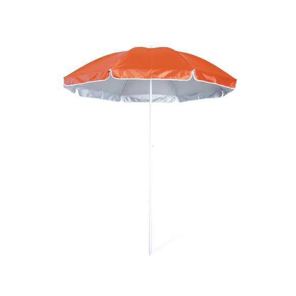 Sombrilla de playa de 8 paneles de resistente nylon e interior en color gris plateado con protección UV. En variada gama de vivos colores, de 150cm de diámetro, con faldones laterales ribeteados, tubos metalizados en color blanco y ajustable en altura. Presentada en funda de nylon con cinta de transporte para hombro.