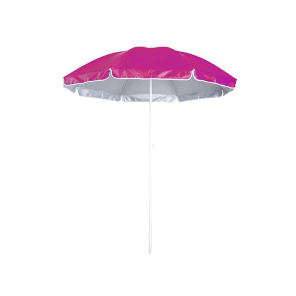 Sombrilla de playa de 8 paneles de resistente nylon e interior en color gris plateado con protección UV. En variada gama de vivos colores, de 150cm de diámetro, con faldones laterales ribeteados, tubos metalizados en color blanco y ajustable en altura. Presentada en funda de nylon con cinta de transporte para hombro.