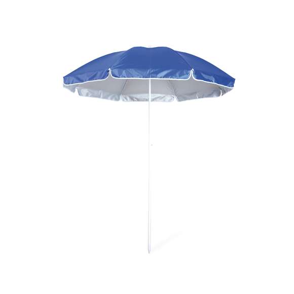 Sombrilla de playa de 8 paneles de resistente nylon e interior en color gris plateado con protección UV. En variada gama de vivos colores, de 150cm de diámetro, con faldones laterales ribeteados, tubos metalizados en color blanco y ajustable en altura. Presentada en funda de nylon con cinta de transporte para hombro.