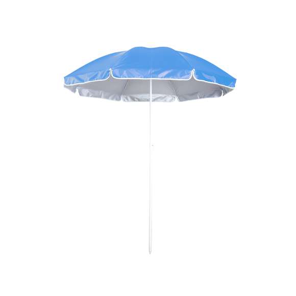Sombrilla de playa de 8 paneles de resistente nylon e interior en color gris plateado con protección UV. En variada gama de vivos colores, de 150cm de diámetro, con faldones laterales ribeteados, tubos metalizados en color blanco y ajustable en altura. Presentada en funda de nylon con cinta de transporte para hombro.