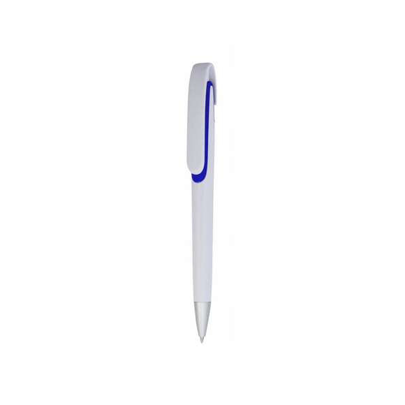 Bolígrafo de mecanismo pulsador de atrevido diseño tricolor con accesorios en vivos colores y cuerpo de suave acabado en color blanco sólido. Con original clip curvado a juego y cómoda empuñadura. Tinta azul.