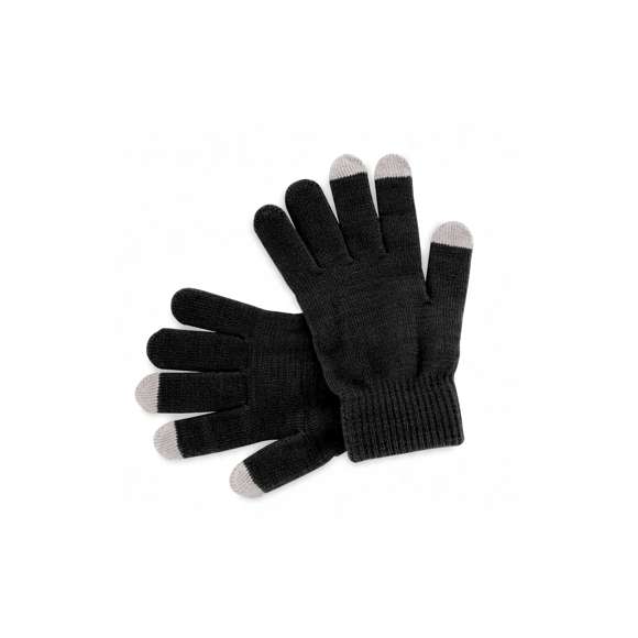 Práctico par de guantes para dispositivos con pantalla táctil, de cálido y suave acabalado acrílico y en divertidos colores. Integran puntero en dedos corazón, índice y pulgar. Talla única.
