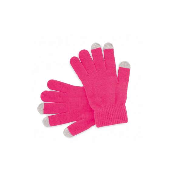 Práctico par de guantes para dispositivos con pantalla táctil, de cálido y suave acabalado acrílico y en divertidos colores. Integran puntero en dedos corazón, índice y pulgar. Talla única.