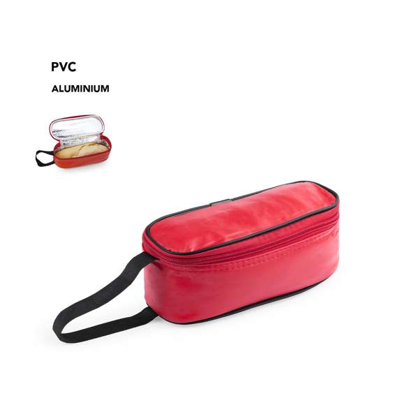 Portabocadillos en resistente PVC de vivos colores y con cierre de cremallera. Con asa en nylon reforzado e interior isotermo en acabado de aluminio.
