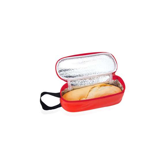 Portabocadillos en resistente PVC de vivos colores y con cierre de cremallera. Con asa en nylon reforzado e interior isotermo en acabado de aluminio.
