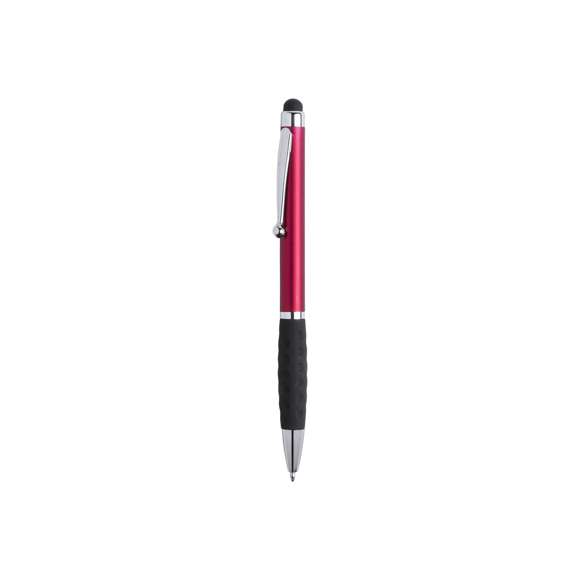  	Bolígrafo puntero de mecanismo giratorio de elegante diseño bicolor con accesorios en color plateado brillante y cuerpo de suave acabado en llamativos colores metalizados brillantes. Con clip metálico y anilla a juego. Suave empuñadura de original diseño y tinta azul.