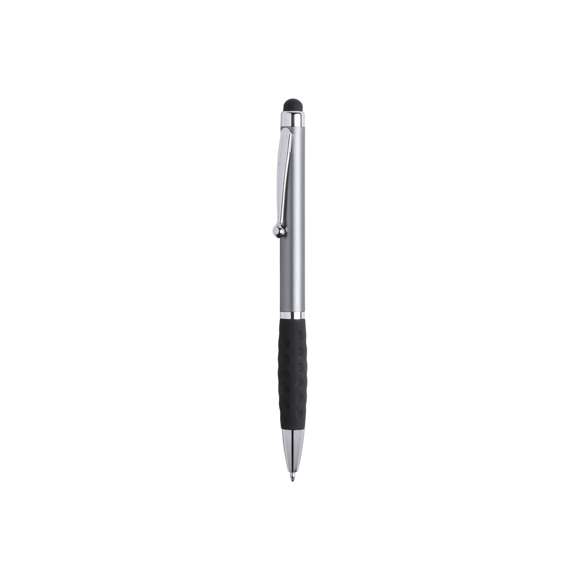  	Bolígrafo puntero de mecanismo giratorio de elegante diseño bicolor con accesorios en color plateado brillante y cuerpo de suave acabado en llamativos colores metalizados brillantes. Con clip metálico y anilla a juego. Suave empuñadura de original diseño y tinta azul.