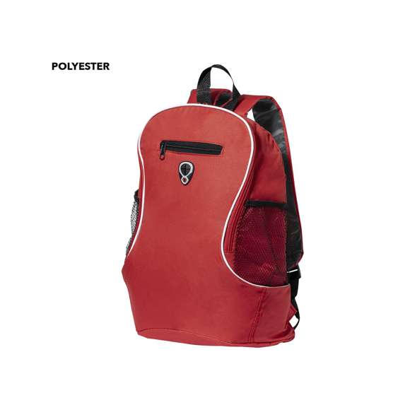 Mochila de poliéster 600D. Fabricada en divertidos y variados colores con amplia apertura de su bolsa principal y práctico bolsillo en la parte central. Cuenta con dos bolsillos elásticos de redecilla a los lados y una salida de auriculares en la parte frontal. Accesorios en color negro, con cintas de hombros cómodas, acolchadas y ajustables.