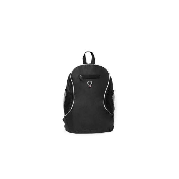 Mochila de poliéster 600D. Fabricada en divertidos y variados colores con amplia apertura de su bolsa principal y práctico bolsillo en la parte central. Cuenta con dos bolsillos elásticos de redecilla a los lados y una salida de auriculares en la parte frontal. Accesorios en color negro, con cintas de hombros cómodas, acolchadas y ajustables.