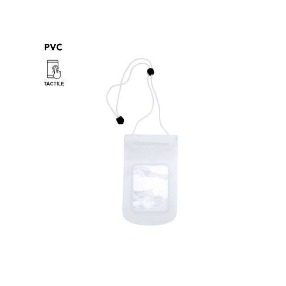 Práctico portatodo impermeable en PVC de acabado translúcido con ventana frontal transparente. Con función táctil y cierre estanco. Solapa con cierre de corchete a juego y cinta de transporte a juego con accesorio de ajuste.