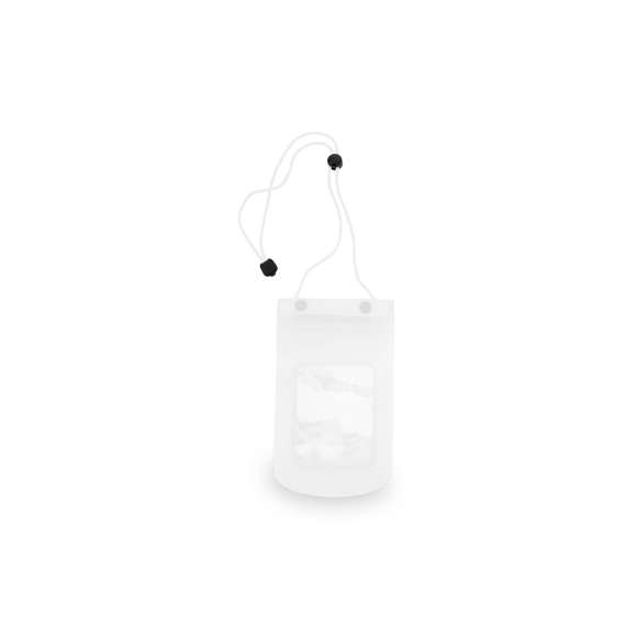 Práctico portatodo impermeable en PVC de acabado translúcido con ventana frontal transparente. Con función táctil y cierre estanco. Solapa con cierre de corchete a juego y cinta de transporte a juego con accesorio de ajuste.