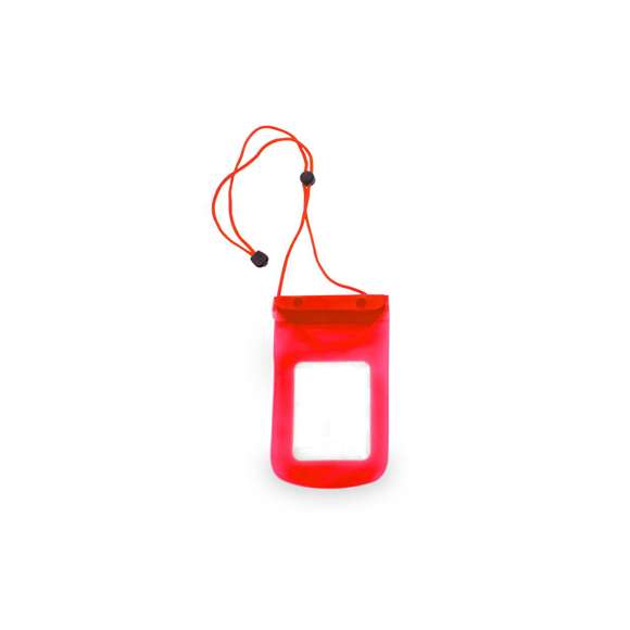 Práctico portatodo impermeable en PVC de acabado translúcido con ventana frontal transparente. Con función táctil y cierre estanco. Solapa con cierre de corchete a juego y cinta de transporte a juego con accesorio de ajuste.