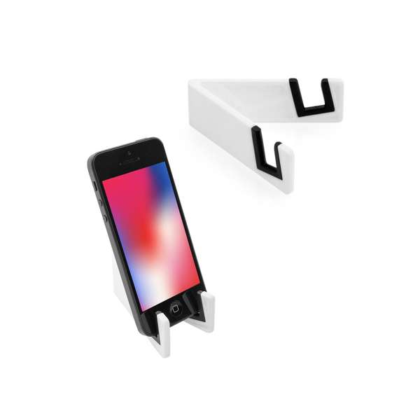 Soporte para dispositivo móvil de patas plegables y topes anideslizantes en PVC. En atrevidos colores y especialmente diseñado para marcaje en tampografía.