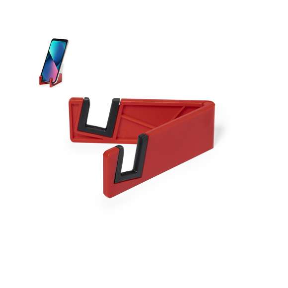 Soporte para dispositivo móvil de patas plegables y topes anideslizantes en PVC. En atrevidos colores y especialmente diseñado para marcaje en tampografía.