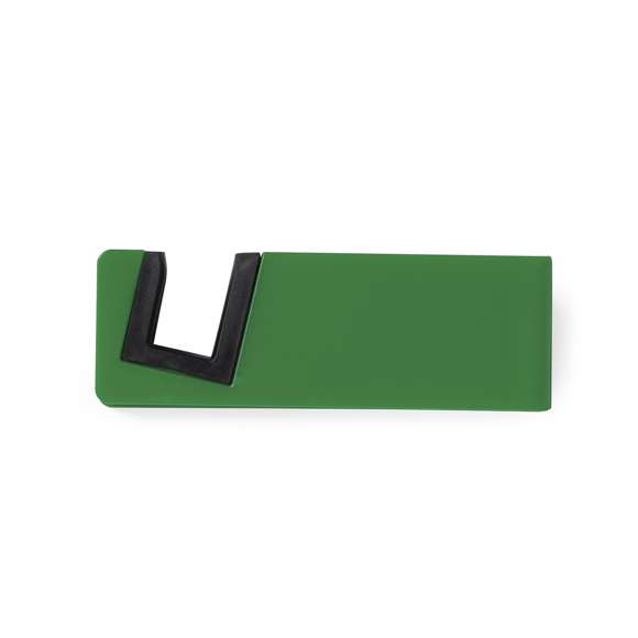 Soporte para dispositivo móvil de patas plegables y topes anideslizantes en PVC. En atrevidos colores y especialmente diseñado para marcaje en tampografía.