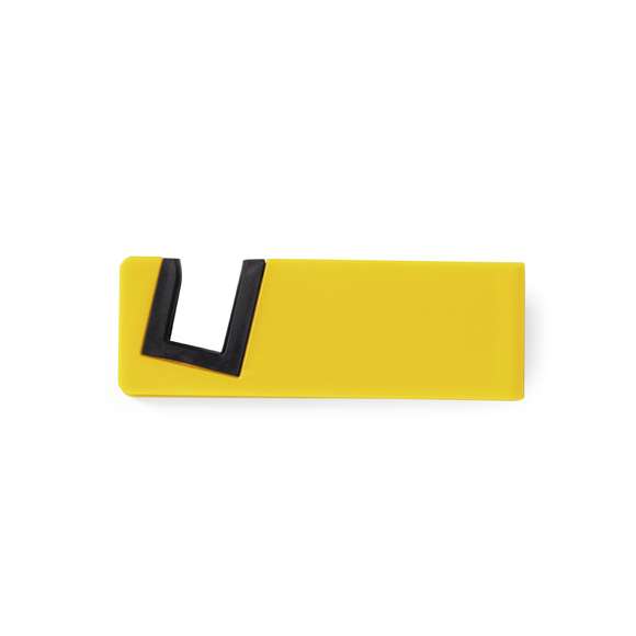 Soporte para dispositivo móvil de patas plegables y topes anideslizantes en PVC. En atrevidos colores y especialmente diseñado para marcaje en tampografía.