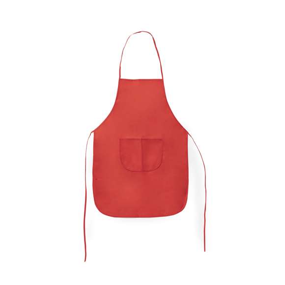 Delantal de non-woven en variada gama de vivos colores. Con bolsillo frontal y cintas de ajuste. De corte por encima de la rodilla.