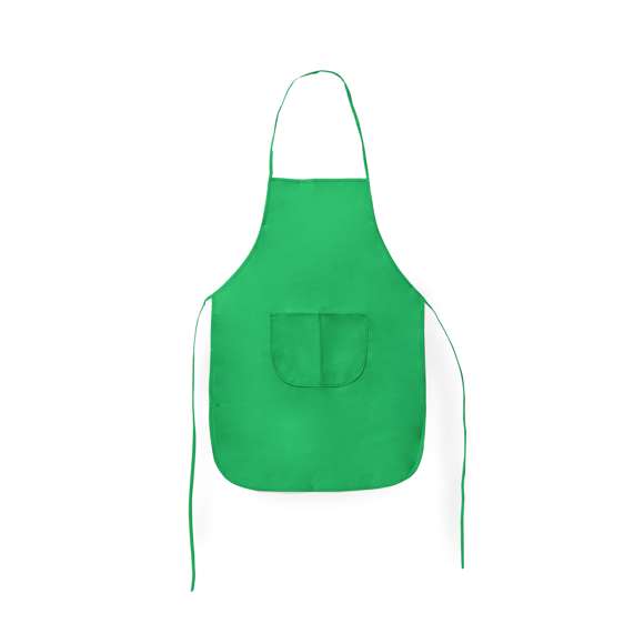 Delantal de non-woven en variada gama de vivos colores. Con bolsillo frontal y cintas de ajuste. De corte por encima de la rodilla.