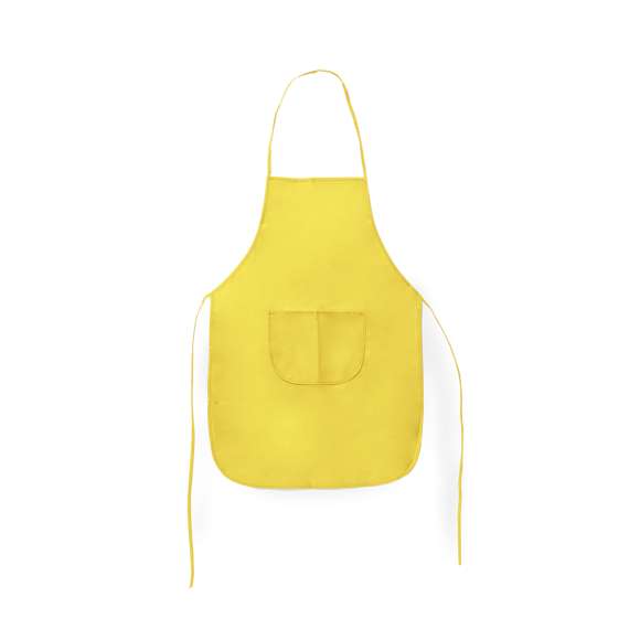 Delantal de non-woven en variada gama de vivos colores. Con bolsillo frontal y cintas de ajuste. De corte por encima de la rodilla.