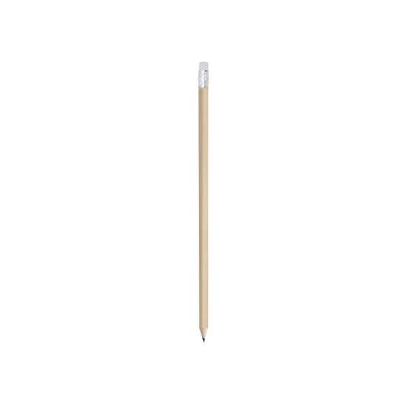 Lápiz de madera de acabado natural. Con cuerpo redondo y goma de borrar -goma disponible en variada gama de colores-. Punta sin afilar.