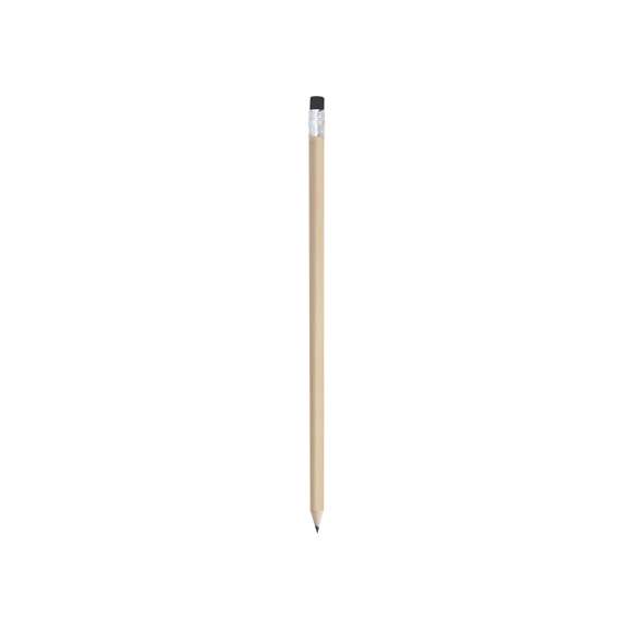 Lápiz de madera de acabado natural. Con cuerpo redondo y goma de borrar -goma disponible en variada gama de colores-. Punta sin afilar.