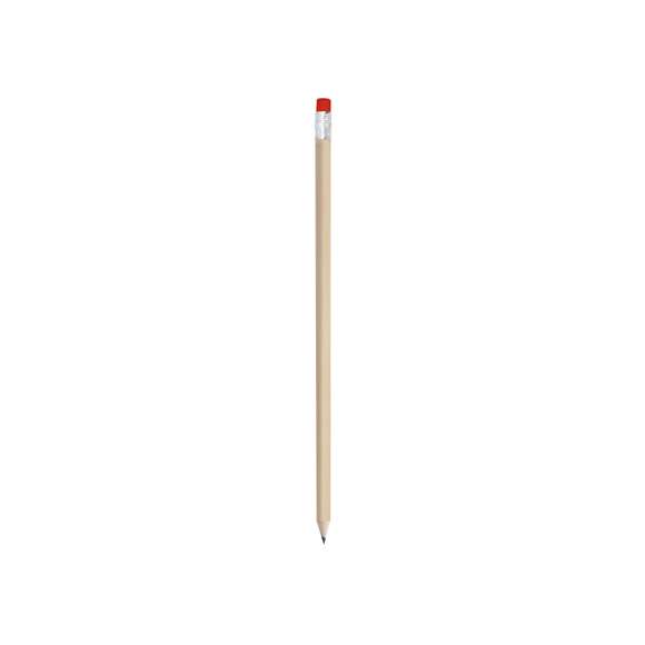 Lápiz de madera de acabado natural. Con cuerpo redondo y goma de borrar -goma disponible en variada gama de colores-. Punta sin afilar.