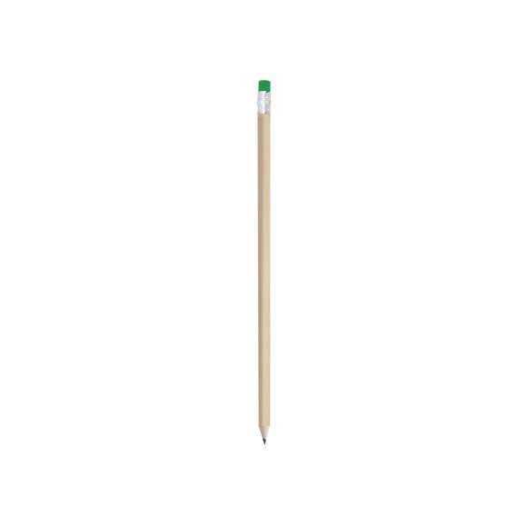Lápiz de madera de acabado natural. Con cuerpo redondo y goma de borrar -goma disponible en variada gama de colores-. Punta sin afilar.