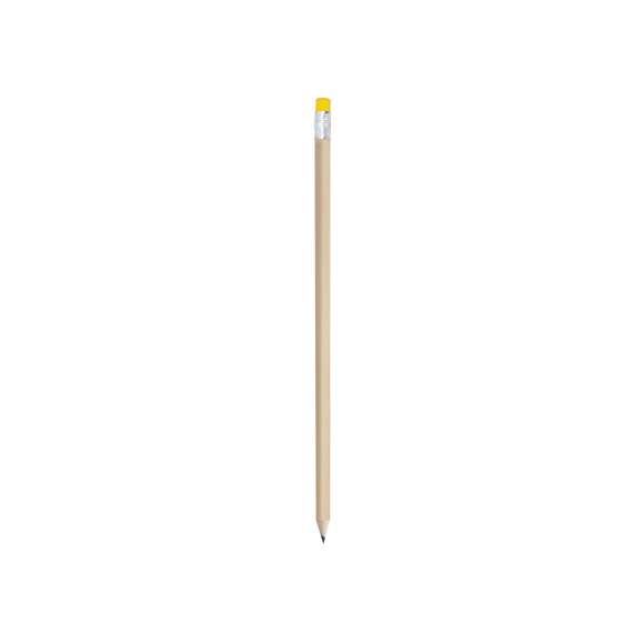 Lápiz de madera de acabado natural. Con cuerpo redondo y goma de borrar -goma disponible en variada gama de colores-. Punta sin afilar.