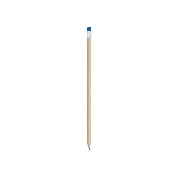 Lápiz de madera de acabado natural. Con cuerpo redondo y goma de borrar -goma disponible en variada gama de colores-. Punta sin afilar.