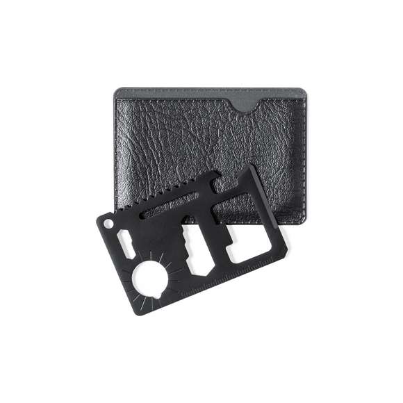  	Multiherramienta con resistente cuerpo en acero inox con 11 funciones. Con funciones abrelatas, cuchillo, destornillador, regla, abrebotellas, llaves inglesas, llaves de mariposas, sierra e indicador de dirección. Presentada en resistente funda de polipiel.