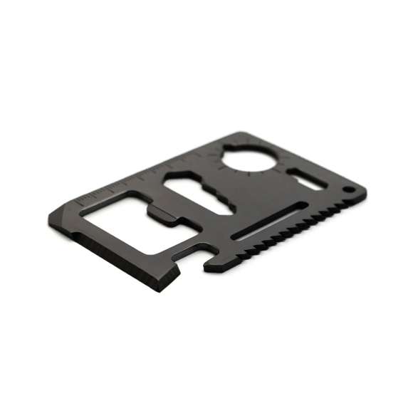  	Multiherramienta con resistente cuerpo en acero inox con 11 funciones. Con funciones abrelatas, cuchillo, destornillador, regla, abrebotellas, llaves inglesas, llaves de mariposas, sierra e indicador de dirección. Presentada en resistente funda de polipiel.