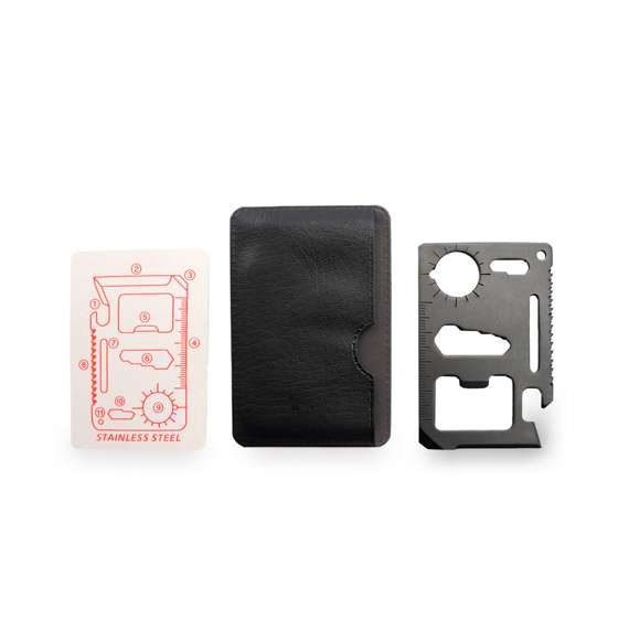  	Multiherramienta con resistente cuerpo en acero inox con 11 funciones. Con funciones abrelatas, cuchillo, destornillador, regla, abrebotellas, llaves inglesas, llaves de mariposas, sierra e indicador de dirección. Presentada en resistente funda de polipiel.