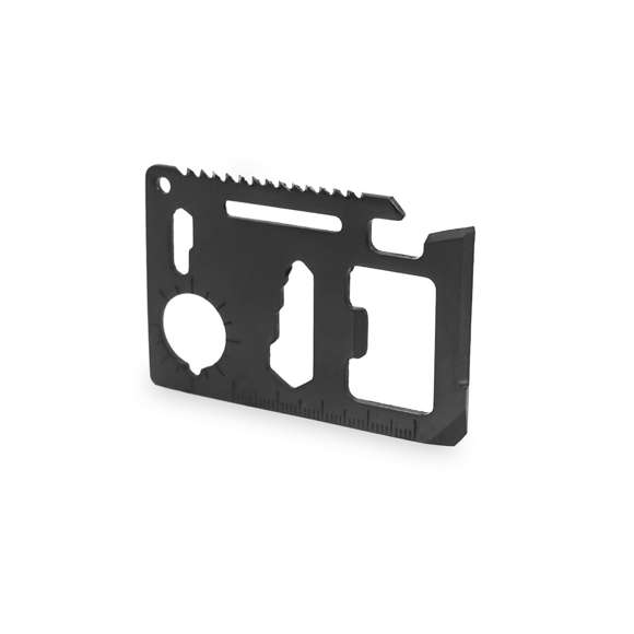  	Multiherramienta con resistente cuerpo en acero inox con 11 funciones. Con funciones abrelatas, cuchillo, destornillador, regla, abrebotellas, llaves inglesas, llaves de mariposas, sierra e indicador de dirección. Presentada en resistente funda de polipiel.
