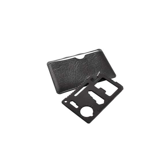  	Multiherramienta con resistente cuerpo en acero inox con 11 funciones. Con funciones abrelatas, cuchillo, destornillador, regla, abrebotellas, llaves inglesas, llaves de mariposas, sierra e indicador de dirección. Presentada en resistente funda de polipiel.