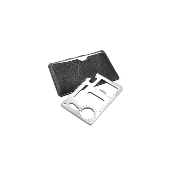 	Multiherramienta con resistente cuerpo en acero inox con 11 funciones. Con funciones abrelatas, cuchillo, destornillador, regla, abrebotellas, llaves inglesas, llaves de mariposas, sierra e indicador de dirección. Presentada en resistente funda de polipiel.