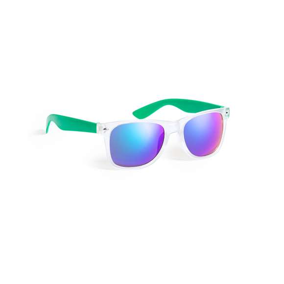 Gafas de sol con protección UV400 de clásico diseño. Con montura de acabado translúcido, patillas en divertidos colores y lentes espejados a juego.