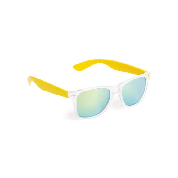 Gafas de sol con protección UV400 de clásico diseño. Con montura de acabado translúcido, patillas en divertidos colores y lentes espejados a juego.
