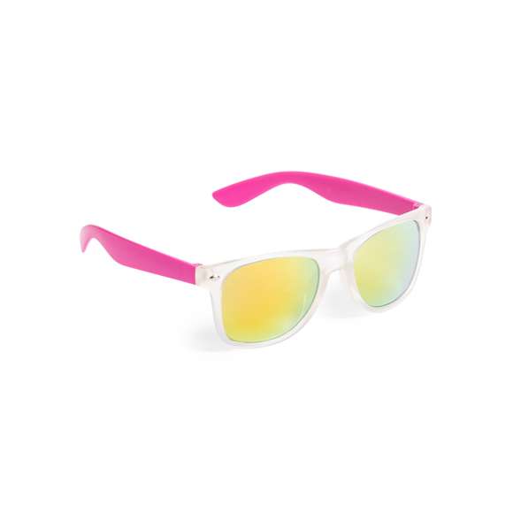 Gafas de sol con protección UV400 de clásico diseño. Con montura de acabado translúcido, patillas en divertidos colores y lentes espejados a juego.