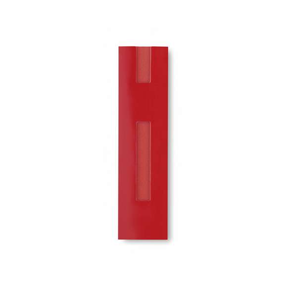 Funda para bolígrafo en resistente cartón de vivos colores y con diseño de ventana.