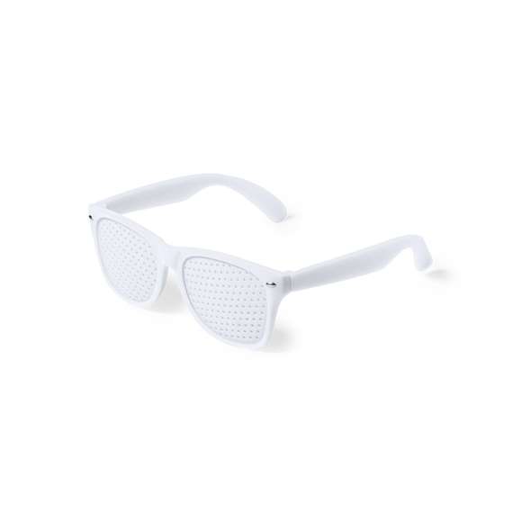 Gafas de original diseño especialmente diseñadas para marcaje a todo color digital. Con montura en divertidos colores y lentes perforadas.