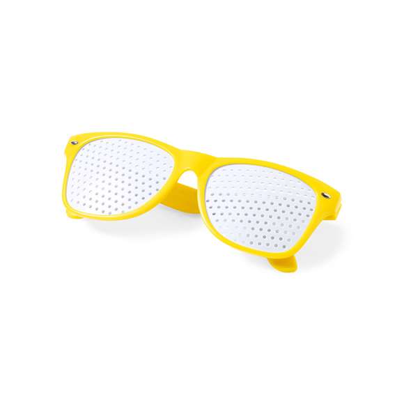 Gafas de original diseño especialmente diseñadas para marcaje a todo color digital. Con montura en divertidos colores y lentes perforadas.