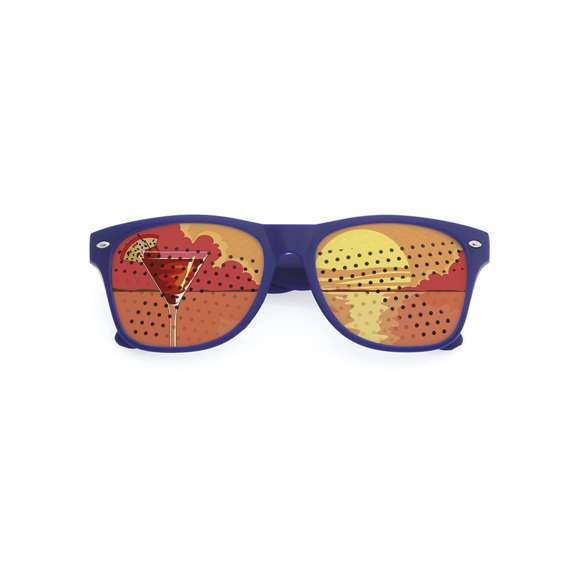 Gafas de original diseño especialmente diseñadas para marcaje a todo color digital. Con montura en divertidos colores y lentes perforadas.