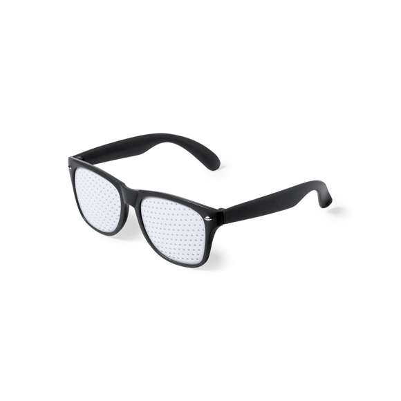 Gafas de original diseño especialmente diseñadas para marcaje a todo color digital. Con montura en divertidos colores y lentes perforadas.
