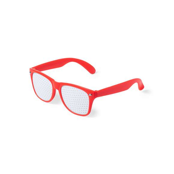Gafas de original diseño especialmente diseñadas para marcaje a todo color digital. Con montura en divertidos colores y lentes perforadas.
