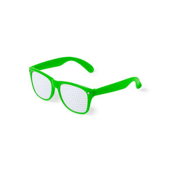 Gafas de original diseño especialmente diseñadas para marcaje a todo color digital. Con montura en divertidos colores y lentes perforadas.