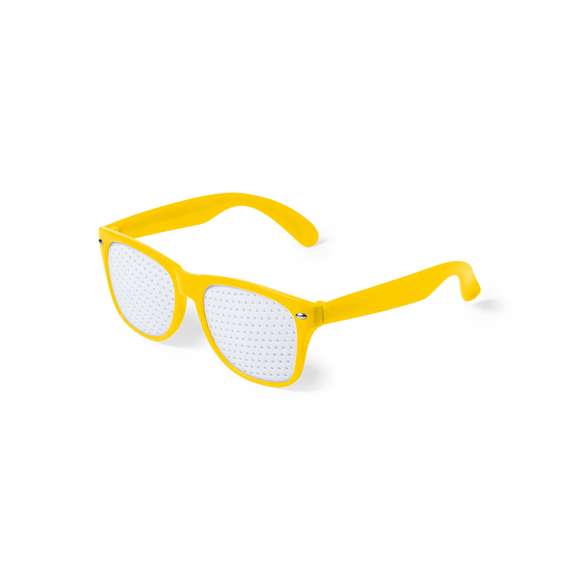 Gafas de original diseño especialmente diseñadas para marcaje a todo color digital. Con montura en divertidos colores y lentes perforadas.